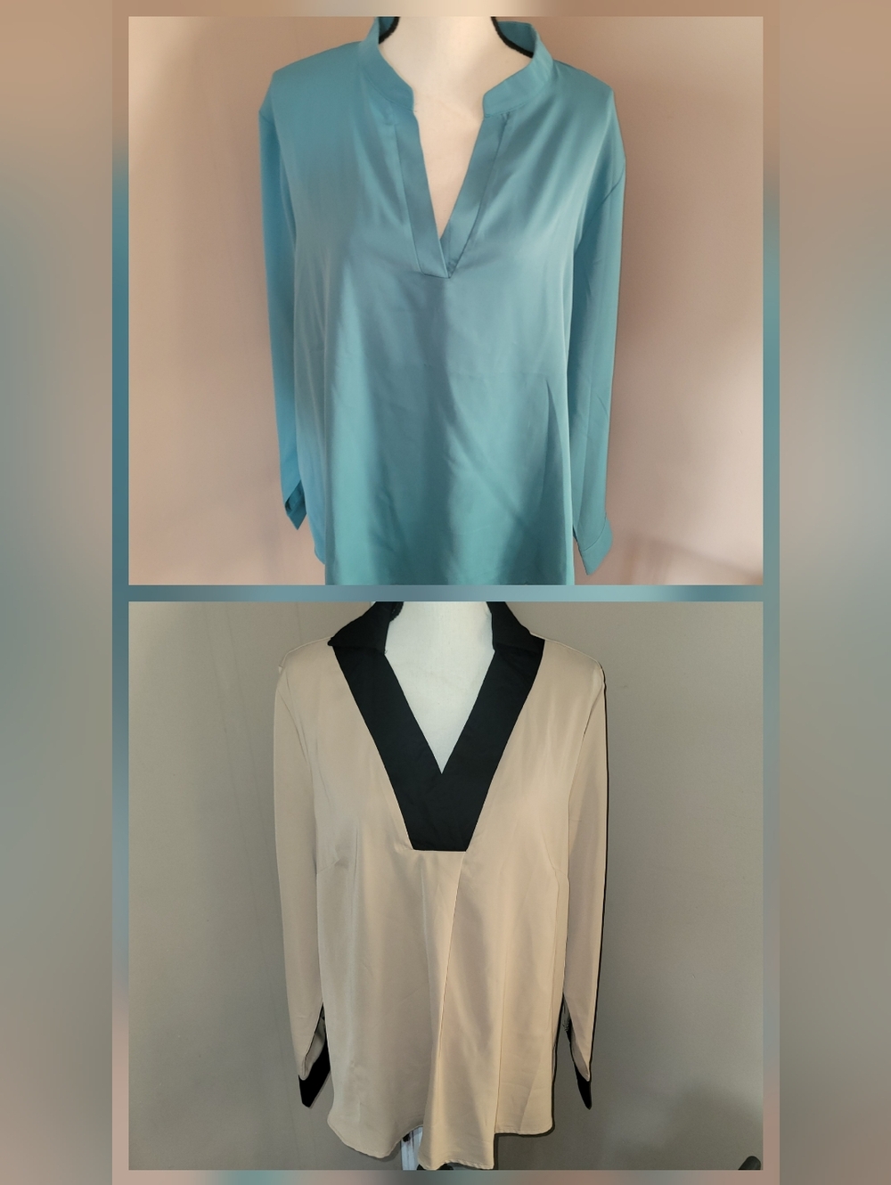 🔥5/$20 Women's Split-Neck Long-Sleeve Top - Aqua / Beige with Black Trim